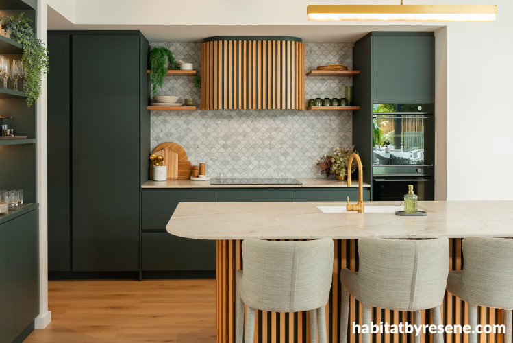 Kitchen, green kitchen, kitchen featuring Resene Holly