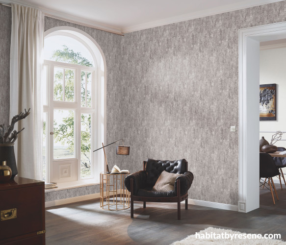Living area, neutral living area, living area featuring Resene statement wallpaper