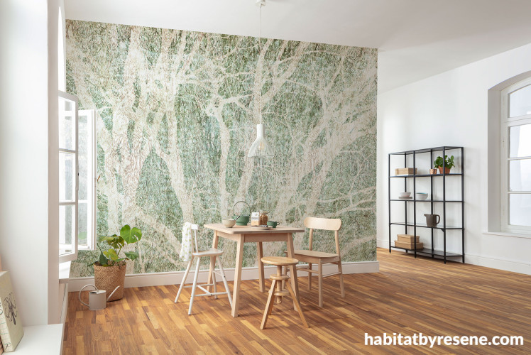 Dining area, dining area featuring nature-inspired statement Resene wallpaper