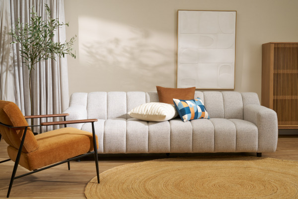 Paired with Resene Half Tea on the walls, the Rio 3-Seat Sofa in Natural from nood creates a dreamy neutral space. 