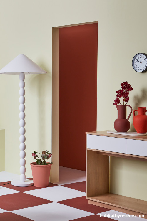 Living area, red and white living area, red and white living area featuring Resene Thunderbird