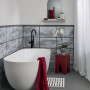 Bathroom, white bathroom featuring pops of red against grey and white