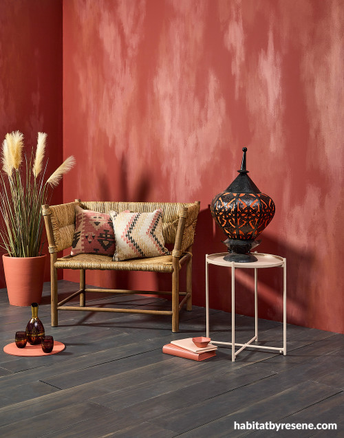 Moroccan lounge, Moroccan-inspired living area, Moroccan-inspired living area featuring washed effect wall