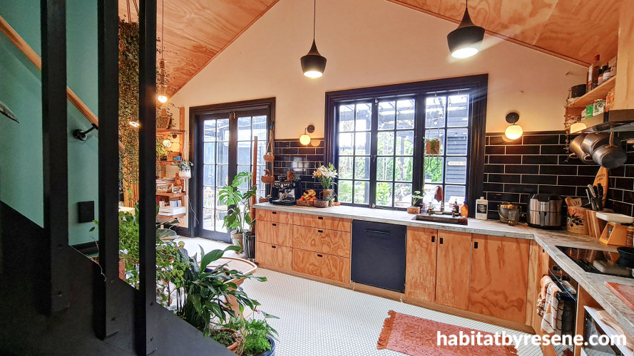 Kitchen, open plan kitchen, soft pastel peach open-plan kitchen