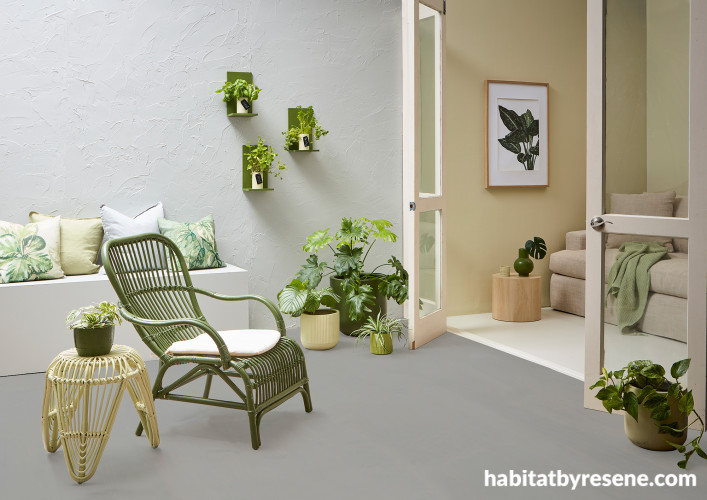 Outdoor patio, outdoor area featuring green, grey and white tones