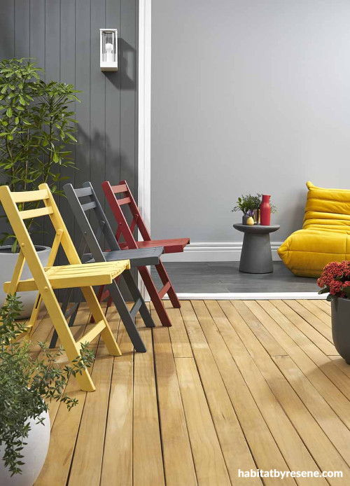 Outdoor patio area featuring various colours including Resene Silver Chalice, Resene Chicago, Resene Double Sea Fog and Resene Red Red Red