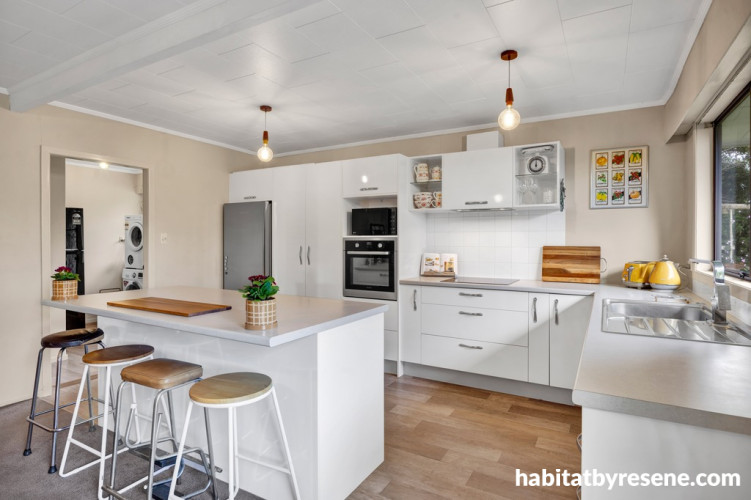 Kitchen painted in Resene Half Tea and ceiling in Resene White