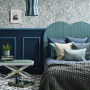 Bedroom, blue bedroom, bedroom featuring statement wallpaper