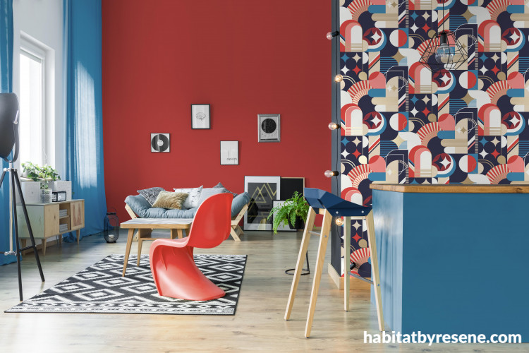 Living room, living room featuring bold red and blue