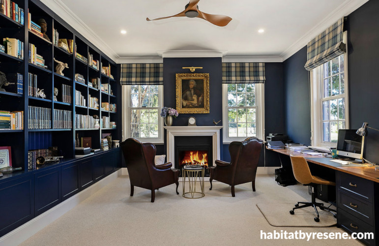 Home office painted in Resene Regatta and Resene Half Spanish White