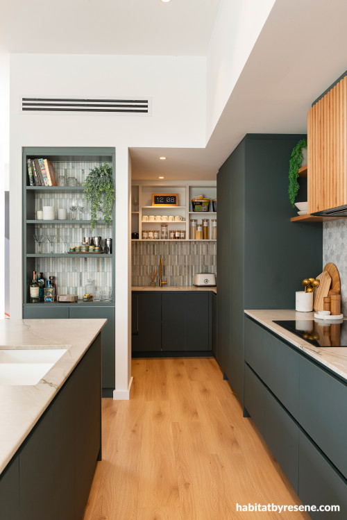 Kitchen painted in Resene Holly and Resene Half Sea Fog with natural wood