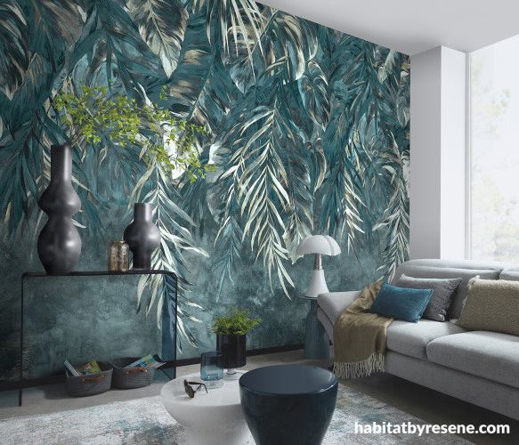 Living area featuring Resene botanical-inspired wallpaper