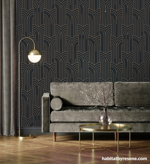 Living room featuring moody art deco-inspired Resene wallpaper