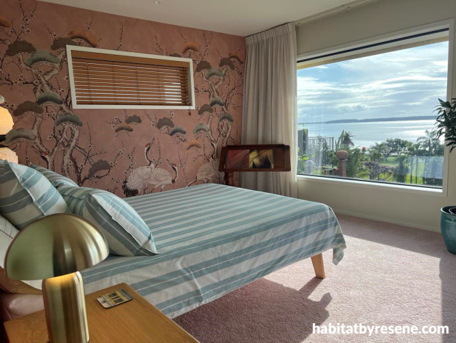 Bedroom featuring Resene wallpaper and painted in Resene Rainee and Resene Half Wheatfield