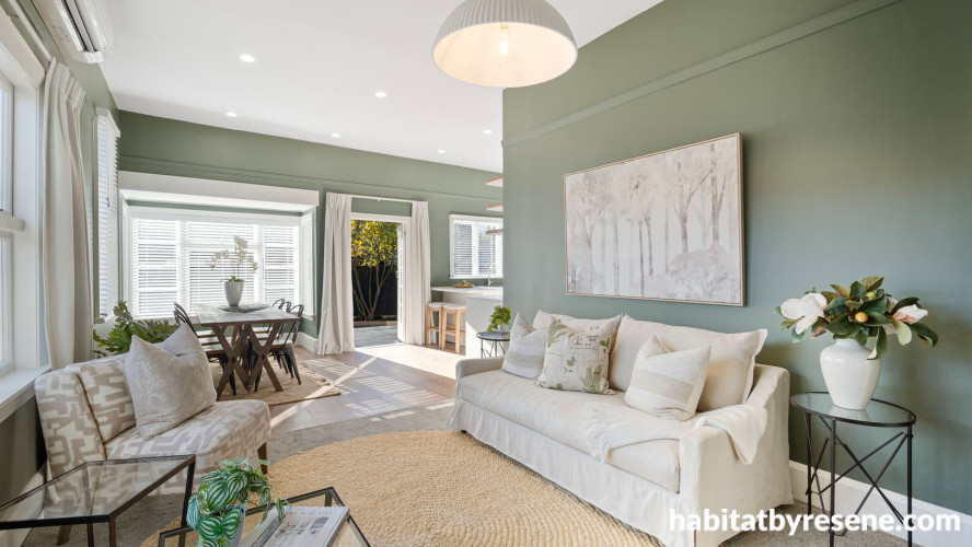 Living area painted in Resene Vantage Point and Resene Black White