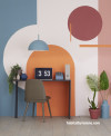 Home work space made fun with colourful shapes painted on wall