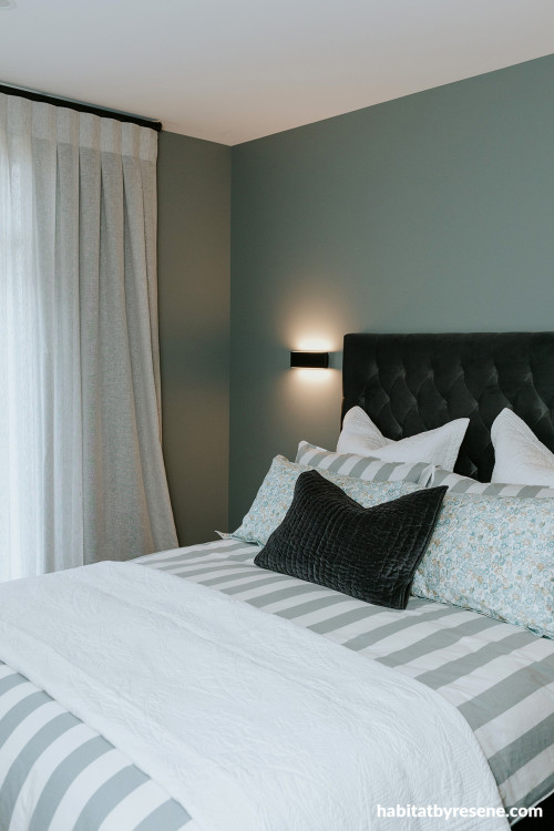 Bedroom, blue green bedroom, bedroom featurinig Resene Boulder