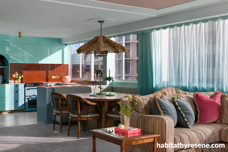 Kitchen cabinetry and dining space feature Resene Aqua and Awash