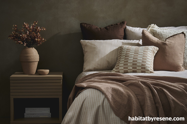 Bedroom featuring Resene Cement and Doeskin mixed with Resene FX Paint Effects Medium