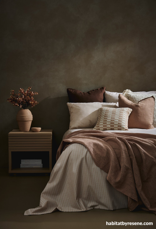 Bedroom featuring cocooning Resene Cement and Resene Doeskin mixed with Resene FX Paint Effects Medium 