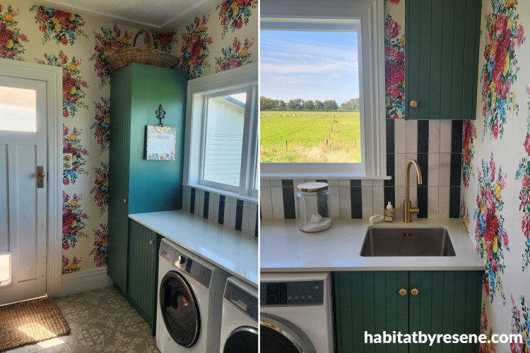 Laundry featuring floral Resene wallpaper