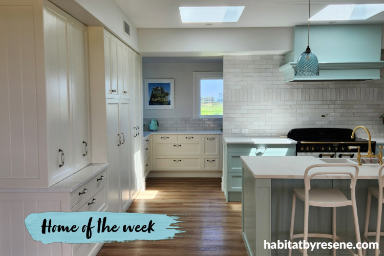 Soft blue and white kitchen