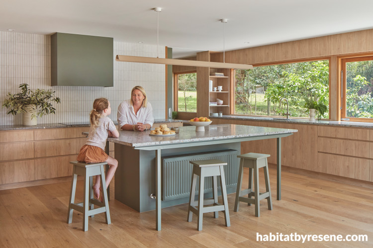 Kitchen painted in Resene Double Lemon Grass and with timber flooring and features