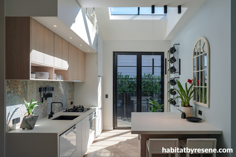 Kitchen painted in Resene Breeze and Resene White Pointer