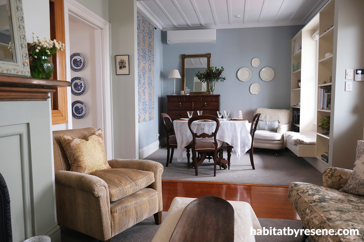 Dining and living room painted in Resene Half Periglacial Blue and Resene Quarter Lemon Grass