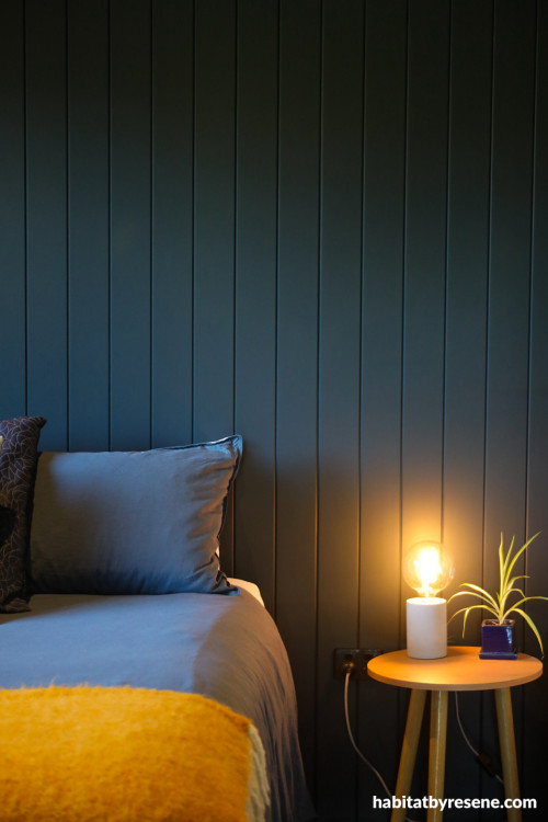 Bedroom painted in Resene Blue Bark