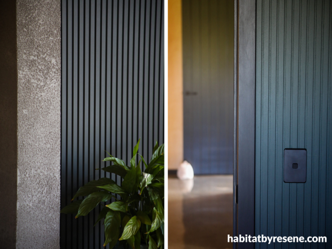 Living room painted in Resene Element and hallway painted in Resene Midnight Moss