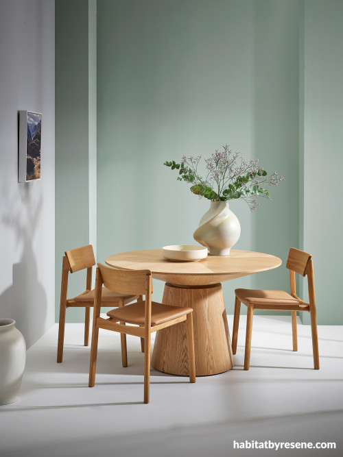 Dining room with walls painted in Resene Eau De Nil