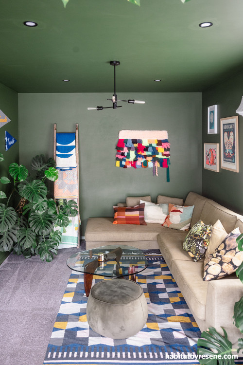 Living room with walls and ceiling in turtle green