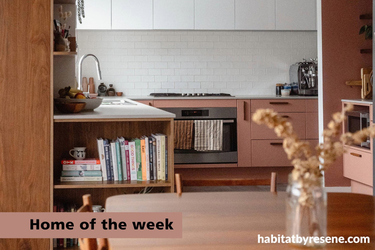 Kitchen featuring Resene Summer Rose and Resene Half Black White