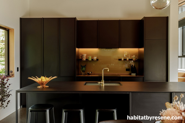 Kitchen featuring neutral walls and black kitchen cabinets