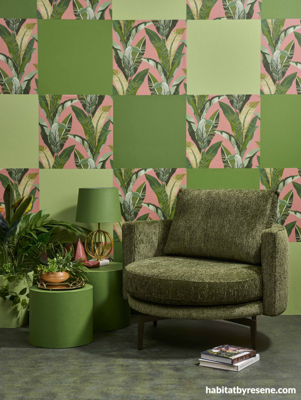 Create a unique feature using a combination of paint and wallpaper to form a chequerboard pattern.