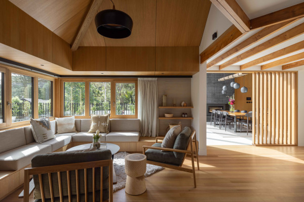 The origami-like design in the home is truly remarkable. The timber floor, an extension of the natural surroundings, is finished in Resene Qristal ClearFloor 1K for a beautiful finish. The walls and ceiling are painted in Resene Half Black White.