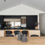 Open plan kitchen, kitchen featuring black, white and timber