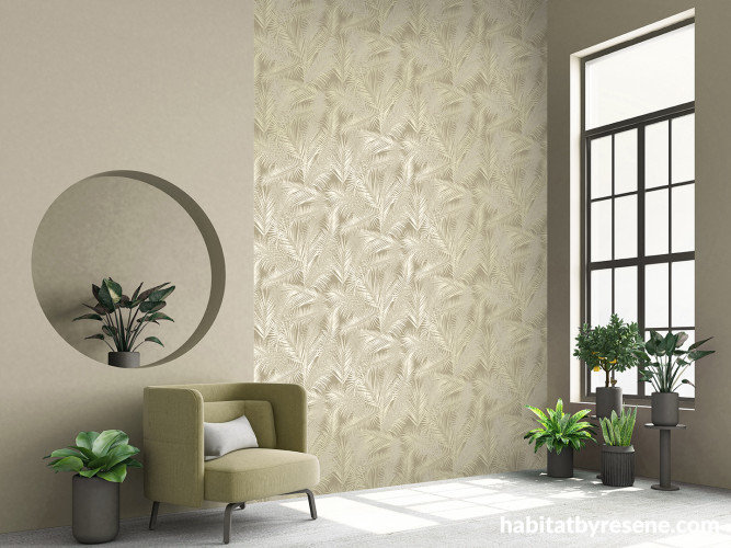 Reading nook, reading nook with nature-inspired wallpaper