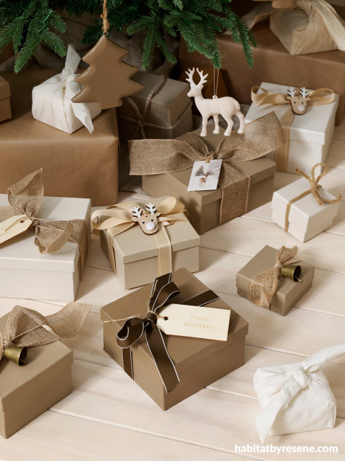 Present boxes painted in Resene Drought, Resene Cement, Resene Tobacco Brown and Resene Half Blanc