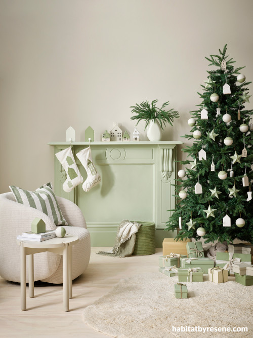 Christmas living area featuring soft green Resene tones