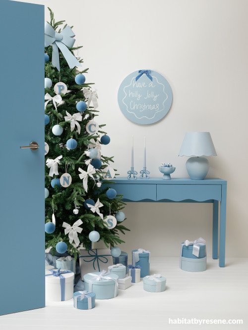 Blue and white Christmas decor setting