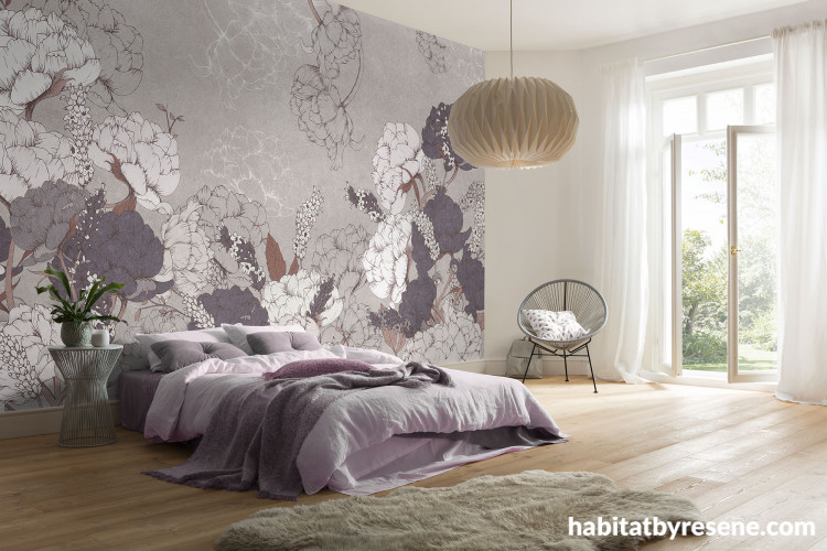 Bedroom, bedroom featuring floral grey wallpaper