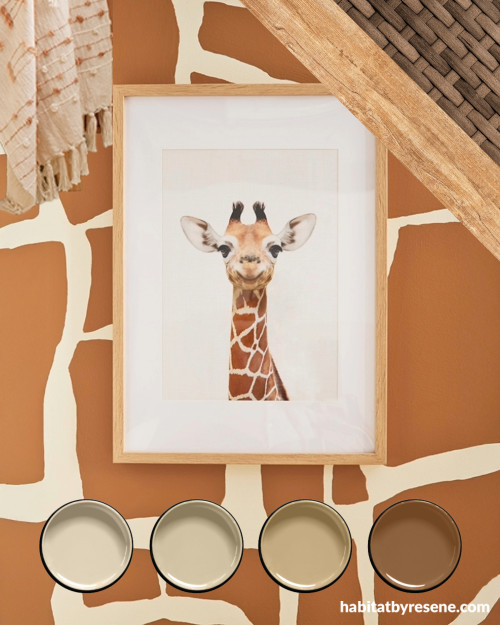 A picture of a giraffe with Resene testpots