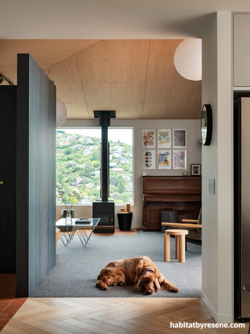 A living space with plywood ceiling and walls in Resene Sea Fog and Element 