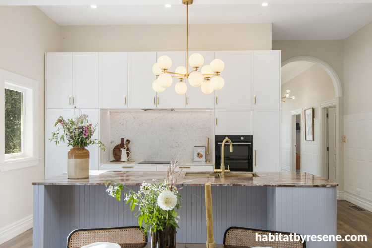 Neutral kitchen featuring Resene Albescent White and Resene Gull Grey