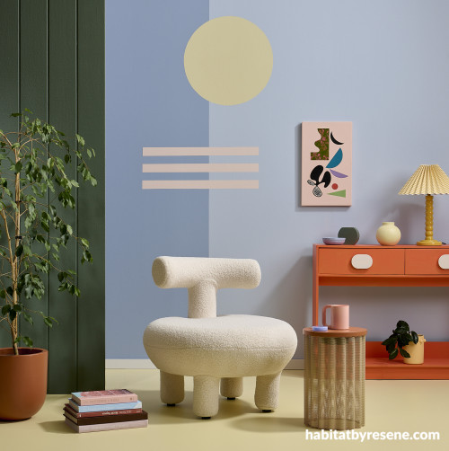 Living space featuring a complementary clashing colour palette