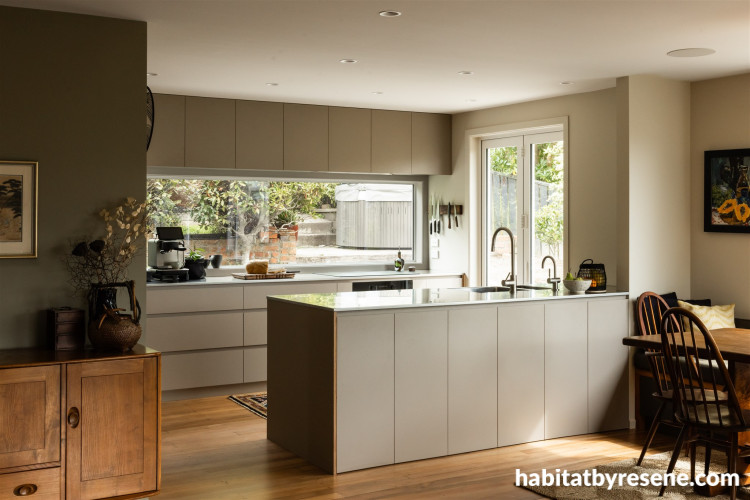 Kitchen and dining featuring Resene Half Tea