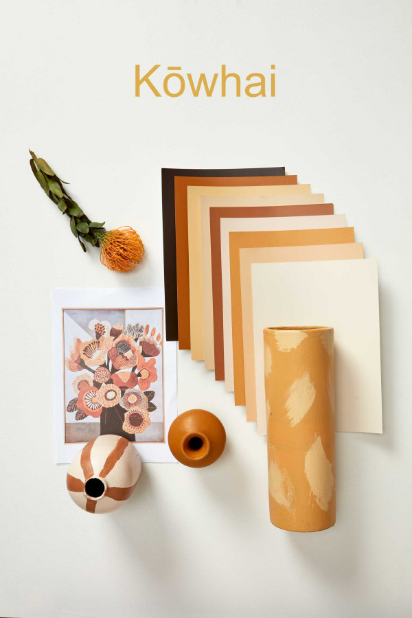 Vanessa Nouwens AutumnStripe Resene CanterburyClay SpanishWhite BrownSugar WoodBark Putty RustyNail Tussock photo Wendy Fenwick DD