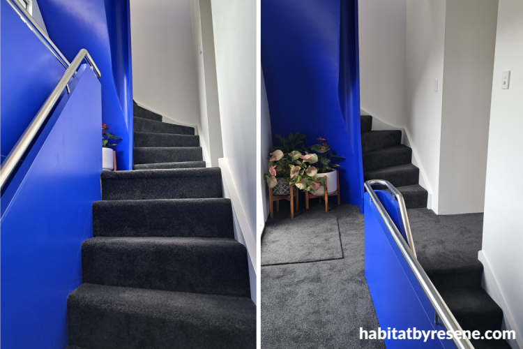 Blue stairwell painted in Resene Aquamarine